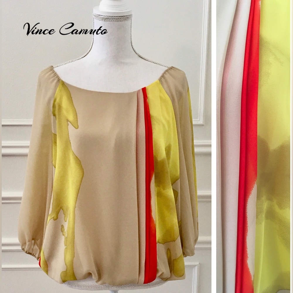 VINCE CAMUTO Multi-color Orange Tan Yellow Blouse, Size Medium